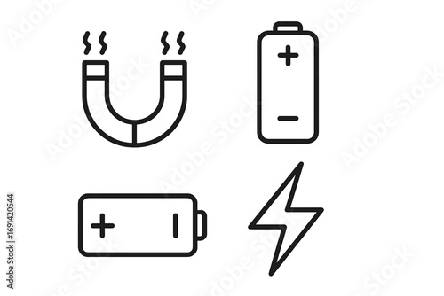 Energy and power line icon set. Magnet, battery, and lightning bolt symbols. Vector outline illustration for physics, science, and technology concepts. Charge and electricity signs.