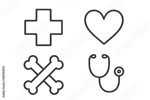 Health care line icon pack. Medical cross, heart, bones, stethoscope symbols. Medicine, cardiology, orthopedics, diagnostic concepts for web and app design. Simple linear vector.