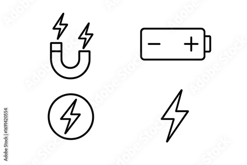 Power and energy line icon pack. Magnet, battery, lightning bolt symbols. Minimalist outline vector illustration for electricity, charge, voltage concept. For web, app, UI, UX design.