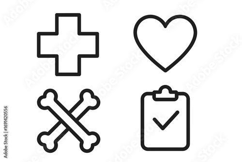 Health care and medicine outline icons collection. Medical cross, heart, bones, and clipboard with check mark symbols. Minimalistic linear pictograms for web and graphic design.