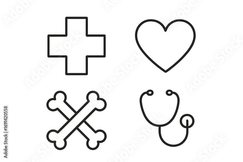Medical and health care line icon set. Simple pictograms of a medical cross, heart, bones, and stethoscope. Vector illustration for cardiology, orthopedics, or emergency.