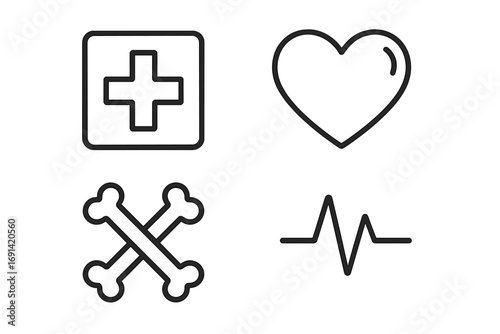 Medical and healthcare line icon set. Minimalist vector pictograms for web and apps. Includes first aid cross, cardiology heart, EKG heartbeat, and orthopedic bones symbols.