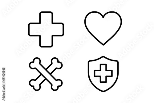 Medical cross, heart, bones, and health shield icon set. Health care, medicine, and insurance concept. Outline web line icons collection for design. Minimalist linear pictogram pack.