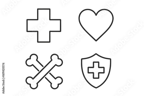 Medical icon set with cross, heart, bones, and shield. Health care, medicine, and protection symbols. Outline linear pictograms for web design, apps, UI, UX elements.