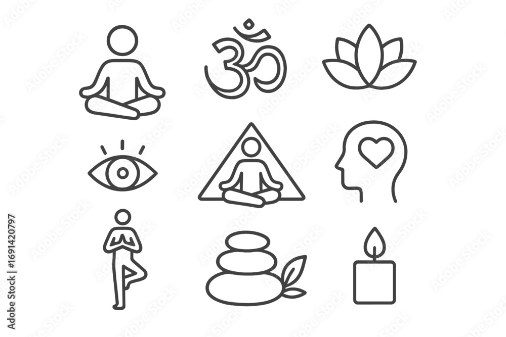Obraz premium Yoga meditation icon set. Minimalist line art symbols for wellness, zen, and spirituality. Vector illustration for concepts like mindfulness, balance, harmony, and peace.