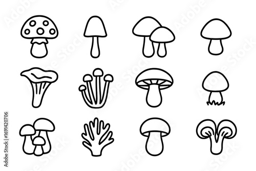Mushroom line icon set. Fungi outline pictogram collection for web design & apps. Simple toadstool, champignon, amanita symbols. Minimalist forest nature food vector.