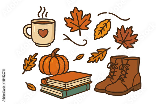 Autumn essentials set with cozy elements. Vector cartoon icons: hot coffee cup, pumpkin, books, fall leaves, boots. Hygge lifestyle concept for seasonal design collection.