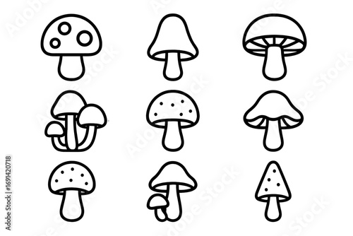 Mushroom icon set in thin line style. Fungi collection. Vector illustration of different toadstools for logo, apps, web design. Minimalist nature symbols isolated on white.