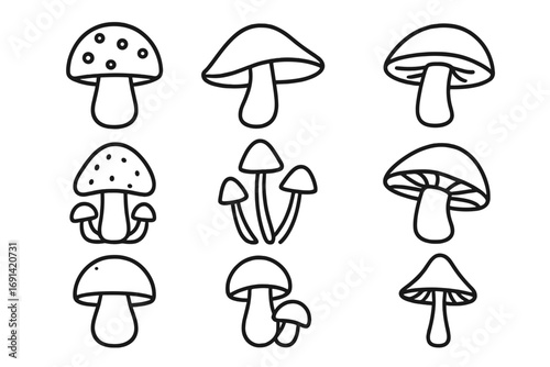 Mushroom line icon set. Simple fungi and toadstool symbols. Minimalist outline style vector cartoon illustration collection for graphic design, web, and app elements.