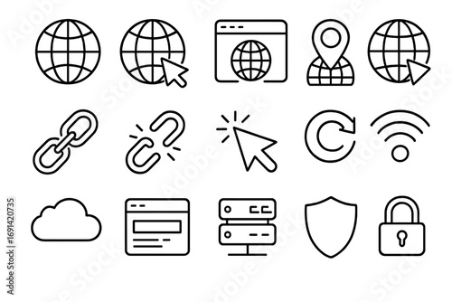 Web line icon set. Internet, network, technology signs. Graphic symbols for website design, UI, UX. Globe, link, cloud, server, security, wifi, cursor, lock vector.