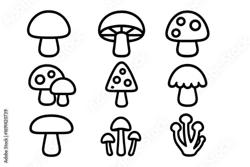Mushroom icon set in a modern outline style. Vector collection of simple linear fungus, toadstool, and chanterelle symbols. Graphic design elements for web, apps, and logos.