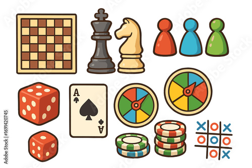 Board game elements collection. Classic icons for strategy and fun. Vector cartoon set with chess, dice, pawns, card, chips, spinner and tic-tac-toe for family game night.