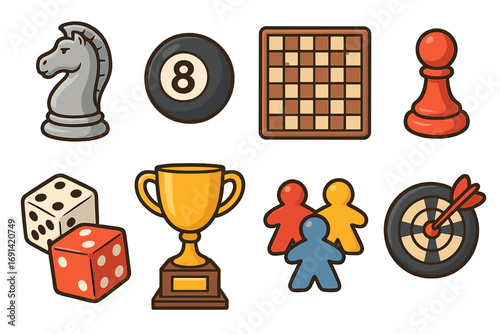 Board game elements vector icon set. Collection of classic tabletop game pieces for strategy and fun. Cartoon illustration of chess, pawn, dice, darts, and trophy.