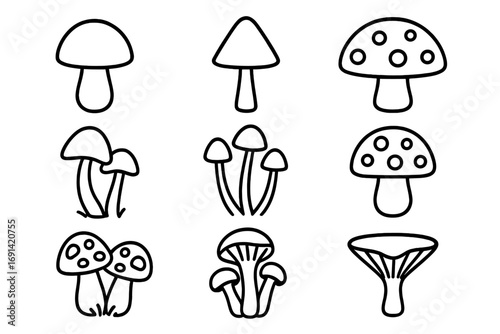 Mushroom thin line icon set. Fungi outline signs for graphic and web design. Minimalist vector illustration of various toadstools and agaric for app, logo or a symbol.