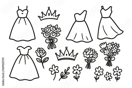 Wedding doodle set. Bridal collection with hand drawn elements. Cute cartoon sketch of dress, gown, flower bouquet, rose, and princess crown for marriage celebration design.