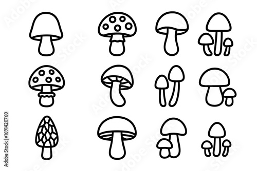 Mushroom vector icon set. Simple fungus and fungi outline collection. Cartoon amanita, morel, and toadstool graphics. Minimalist nature and forest food symbols for web.