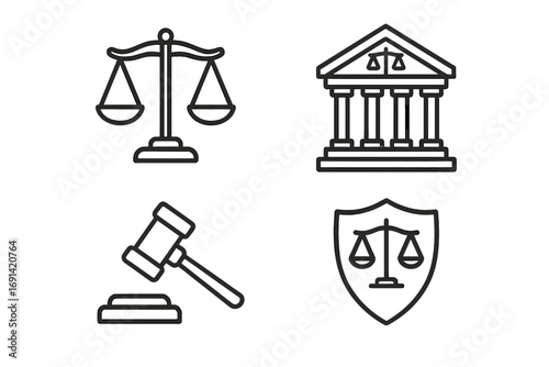 Legal icons set with justice symbols. Modern linear design for law and order themes. Vector illustration includes courthouse, scales of justice, judge gavel, and shield.