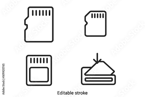 Memory card icon set. SD and micro SD card line icons. Flash drive, storage, and data concepts. Inserting card into slot. Vector symbols for UI, UX, web, and apps. Editable stroke.