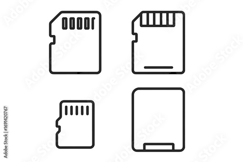 Memory card line icon set. SD, micro SD, and flash card outline symbols. Digital data storage, chip, and drive vector pictogram collection for UI, UX, web, and apps. Editable stroke.