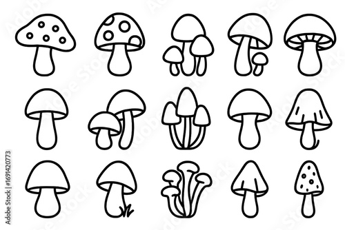 Mushroom thin line icon set. Fungi and toadstool outline signs for graphic and web design. Vector cartoon doodle illustration. Simple fungus symbols collection.
