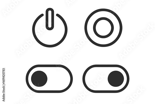 On Off switch icon set. Power button and slider toggle for UI UX design. Vector graphic elements for apps, web, and digital interface. Enable disable concept symbols.