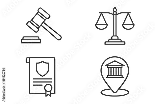 Legal icons set for law and justice themes. Modern linear vector symbols including a gavel, scales of justice, courthouse location, and certificate for court and legislation.