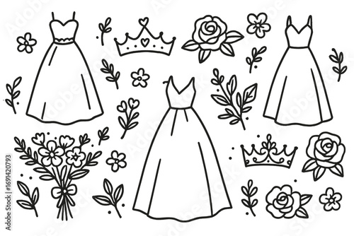 Wedding doodle clipart set with bridal dress, crown, and flower bouquet. Hand-drawn vector for marriage invitation. Romantic bride gown, floral element sketch for celebration.