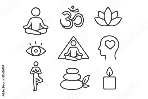 Yoga meditation icon set. Minimalist line art symbols for wellness, zen, and spirituality. Vector illustration for concepts like mindfulness, balance, harmony, and peace.