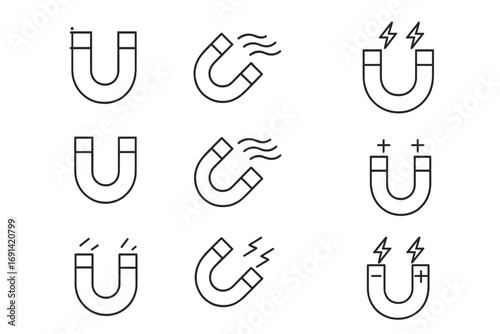 Magnet line icon set. Horseshoe magnet, magnetism, and attraction simple linear pictogram collection. Editable stroke. Physics and science concept. Vector for UI, UX, web, app.