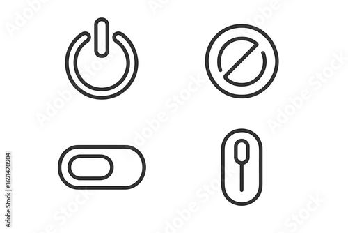 On off switch line icon set. Power button, toggle slider, and stop sign collection. Simple outline vector symbols for web design, UI, UX, and mobile app interface.