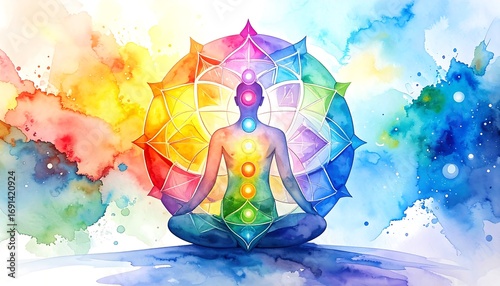 Colorful abstract illustration of a person in meditation pose, surrounded by a mandala and vibrant watercolor splashes