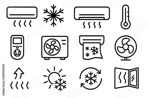 Cooling and air conditioner line icons pack with outline signs for air conditioning, ventilation, heating, temperature control, remote, fan, and HVAC system, vector illustration