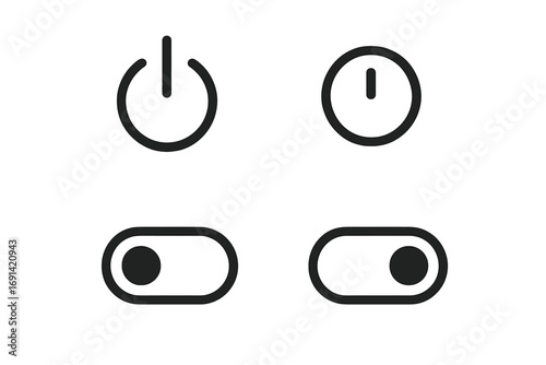 On off switch line icon set. Power button outline signs for graphic and web design. Toggle symbol for apps. Start, stop, standby, enable, disable vector icons for UI UX.