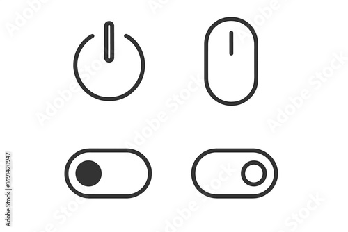 On Off switch and toggle line icon set. Power button outline symbols for graphic design. User interface elements for web, app, and mobile. Start, stop control vector signs.