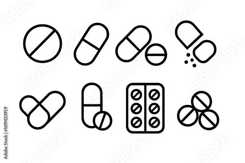 Pills and capsules line icon set. Medicine and healthcare vector symbols. Pharmacy drug, tablet, vitamin, and supplement sign. Medical treatment, dose, and prescription concept.