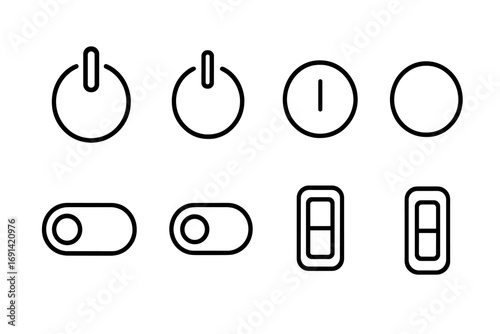 On Off switch thin line icon set. Power button symbol collection. Start, stop, and toggle signs for web design, apps, and UI. Vector outline pictogram pack. Push button.
