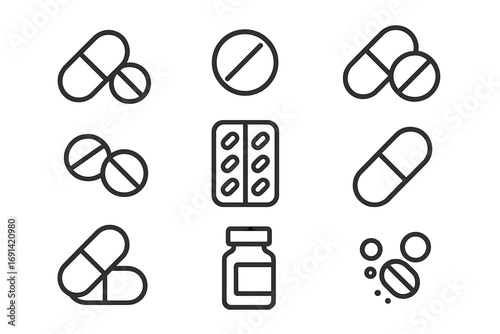 Pills line icon set. Medical drug, tablet, capsule, medication vector illustrations. Pharmacy, healthcare, and treatment symbols. Vitamin, supplement, and painkiller outline icons.