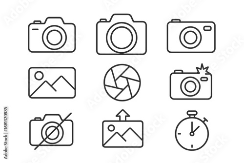 Camera and photography line icon set. Vector symbols for photographer, photo, picture, gallery, flash, shutter, and timer. Minimalist pictograms for UI, UX, web design and apps.