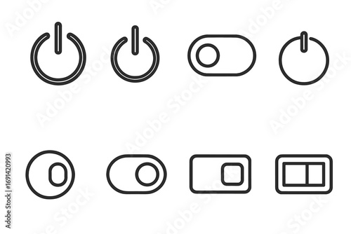 On Off switch and power button thin line icon set. Simple outline toggle symbols for web design, UI, UX and apps. Vector start, stop, enable and disable signs.