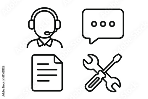 Customer support linear icon set. Headset, chat, document, and tools icons collection. Vector illustration for helpdesk, contact center, and user assistance concepts.