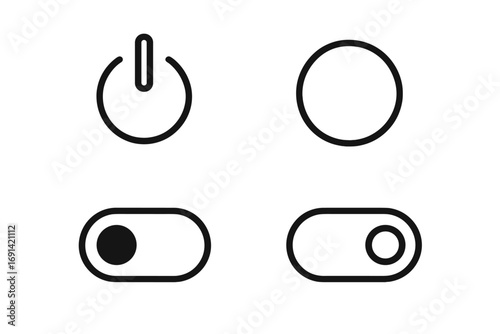 On off switch icon set. Toggle button collection for user interface. Power symbol for start and stop. Enable and disable control element. Web and app design graphic resources.