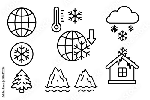 Global cooling concept icon set, climate drop symbols, cold weather, snowflake, freezing temperatures, icy mountains, winter tree, snow house outline, vector line art for apps and graphic design