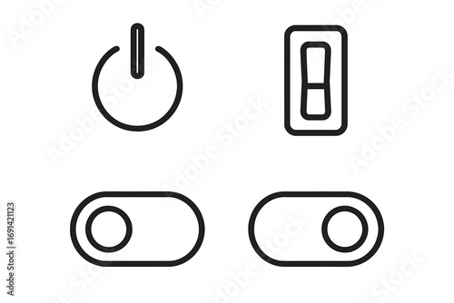 On Off switch line icon pack. Power button, toggle, and slider symbols. Vector outline signs for web design, mobile apps, user interface elements. Start stop control concept.