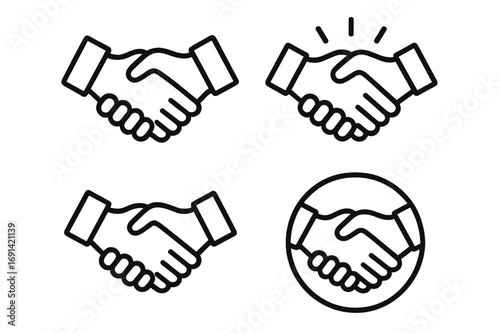 Handshake line icon set. Business agreement and partnership symbol. Editable stroke vector illustration for deal, contract, and cooperation. Success, welcome, and teamwork.