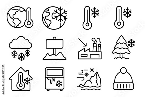 Pack of global cooling and winter weather icons, line art symbols for graphic design, web, apps, advertising, cards, frost, snow, cold temperatures, frozen nature illustrations