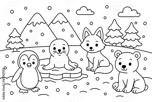Cute arctic animals coloring page for kids. Kawaii winter cartoon with polar bear, penguin, fox, and seal. Snowy landscape vector illustration for children's activity book.
