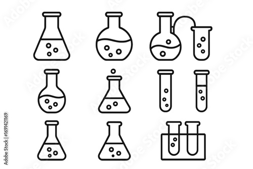 Laboratory flask line icons pack, science chemistry test tube outline signs for graphic design, web apps, advertising, education, vector cartoon illustration set