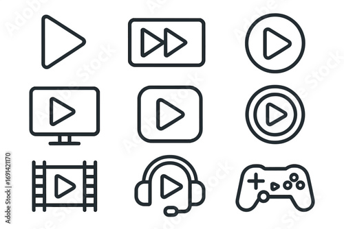 Play button line icon set. Video and audio media player signs. Game controller, fast forward, headset, monitor and movie filmstrip symbols for web, apps, and graphic design.