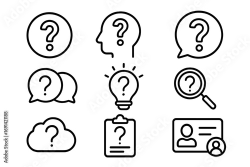 Question mark line icon set. FAQ, help, support and quiz symbols. Search, problem solving, idea lightbulb, user profile and communication pictogram collection for web.