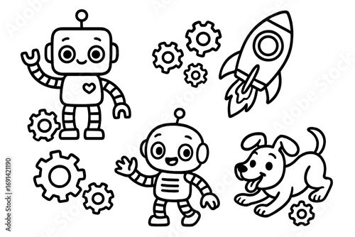 Cute cartoon robots, rocket, and dog line art collection. Vector set for kids coloring book. Funny machine, space ship, and pet animal outline characters for children.